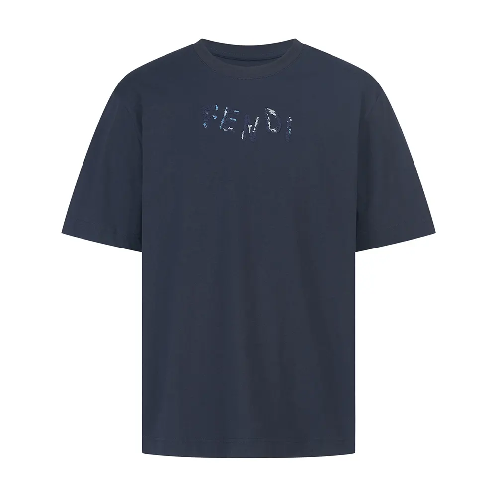 Close-up of Fendi embossed logo on navy cotton T-shirt