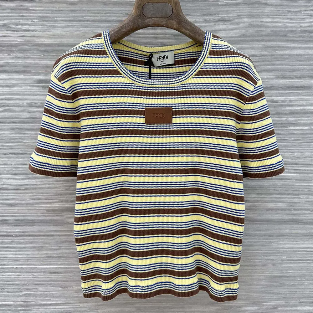 Close-up detail of multicolor stripes and texture on Fendi cotton jumper