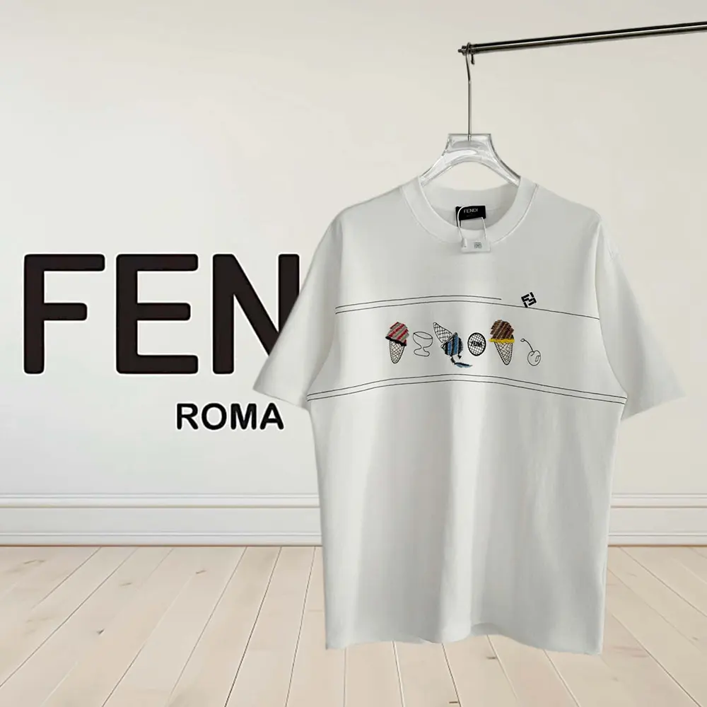 Close-up detail of Fendi logo on white cotton T-shirt