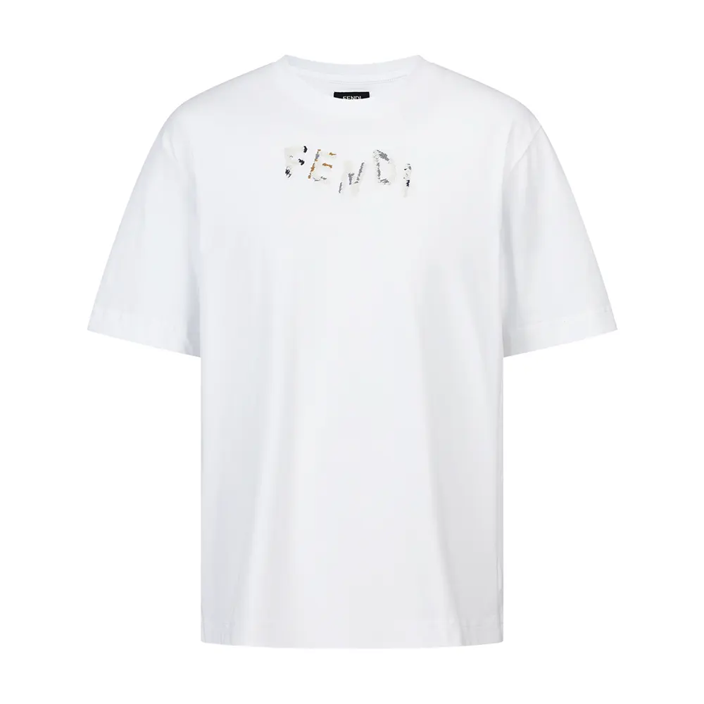 Close-up on Fendi logo detail on white cotton T-shirt sleeve