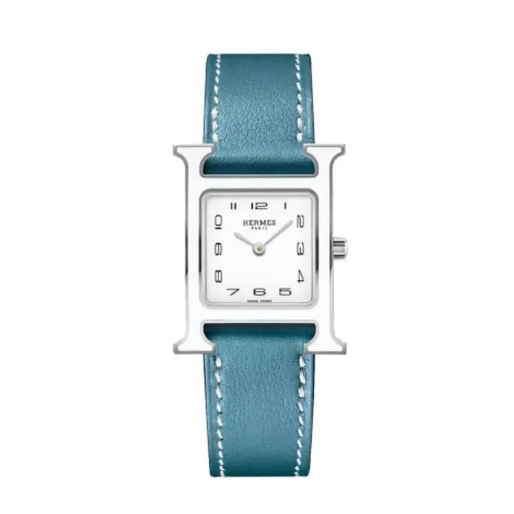 Front view of Hermes Women Heure H Watch Small Model 25 mm-Blue with blue dial