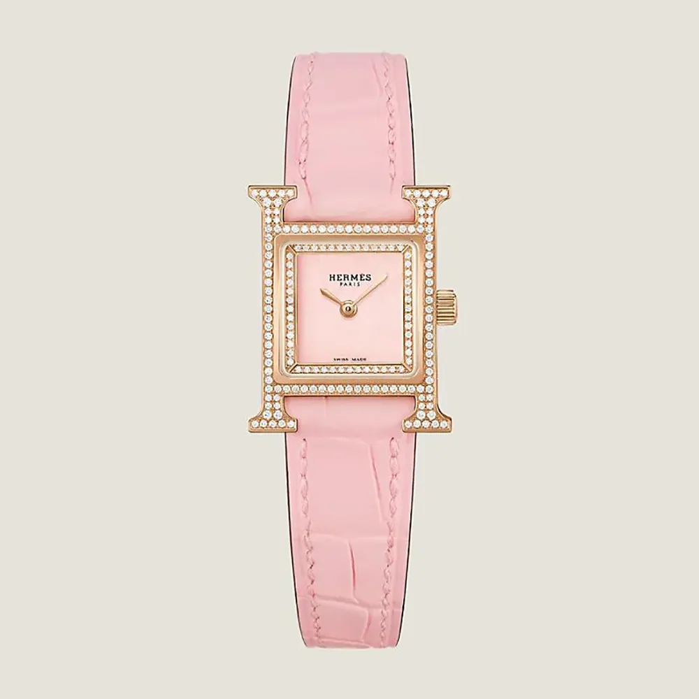 Front view of Hermes Women Heure H Watch Mini Model 21 mm-Pink