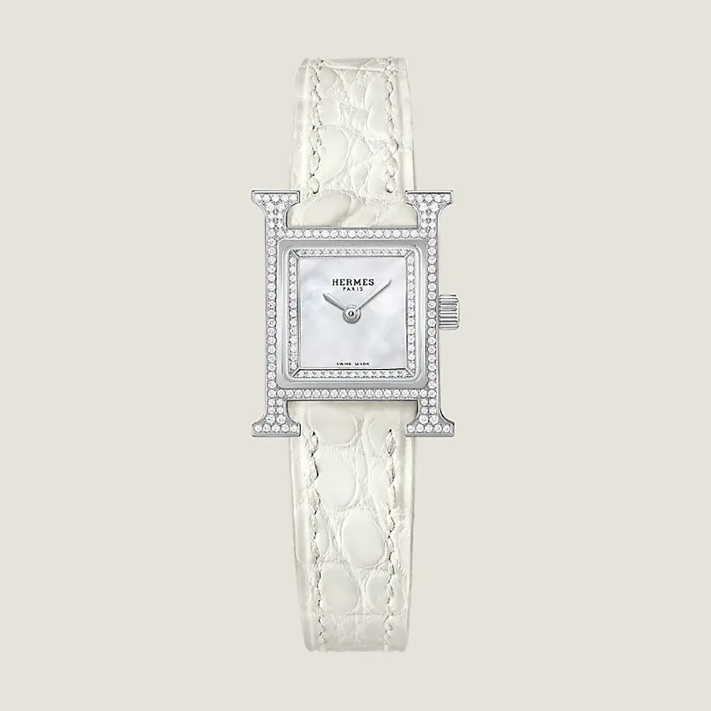 Front view of Hermes Women Heure H Watch Mini Model 21 mm-White dial