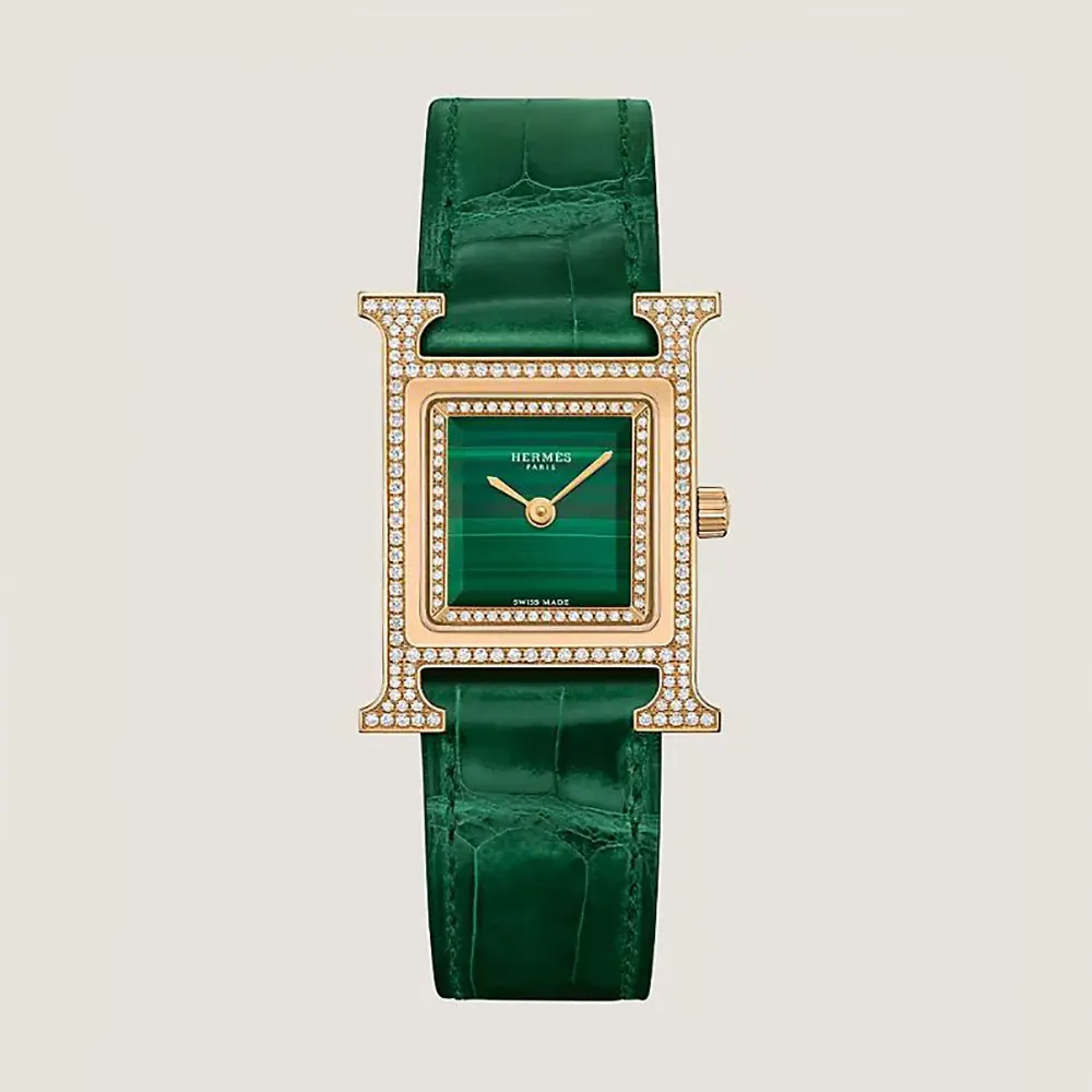 Front view of Hermes Women Heure H Watch Small Model 25 mm-Green