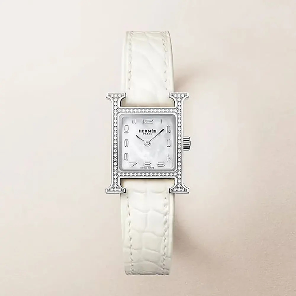 Front view of Hermes Women Heure H Watch Small Model 25 mm-Silver with blue dial