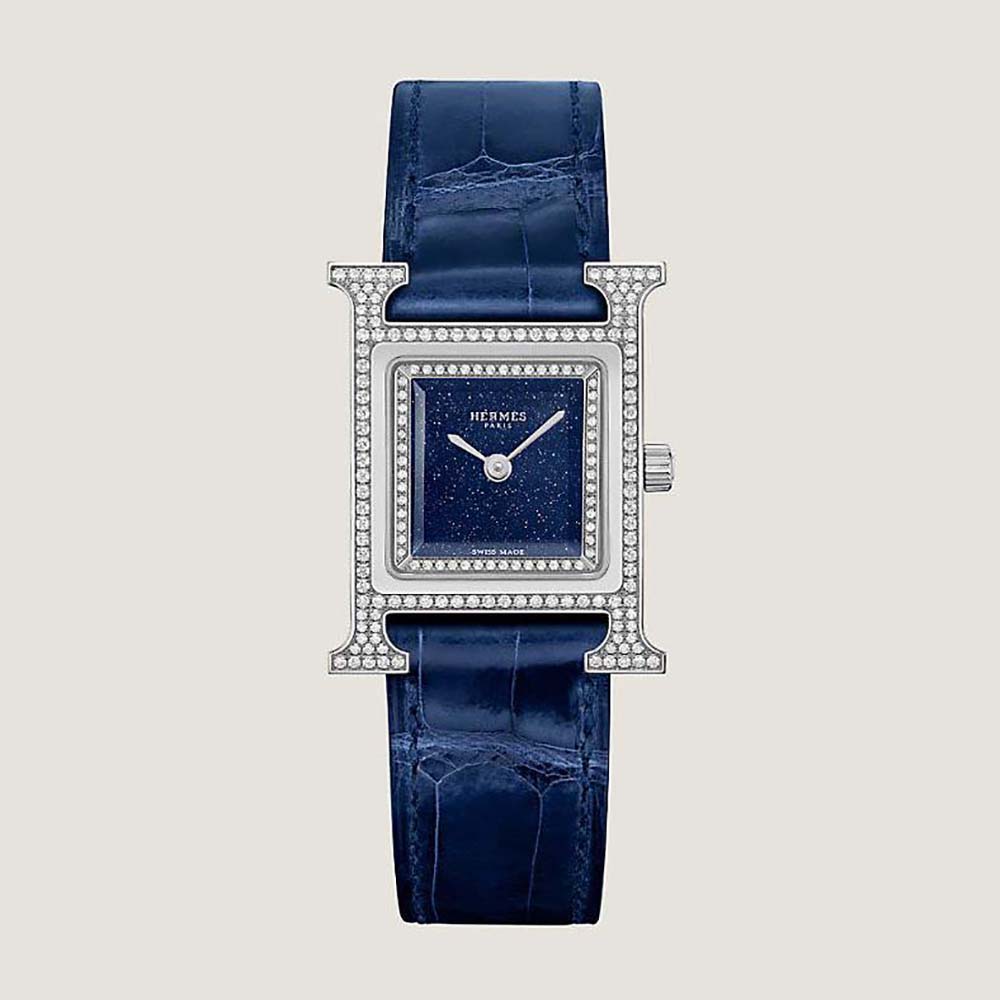 Close-up of Hermes Women Heure H Watch Small Model navy leather strap