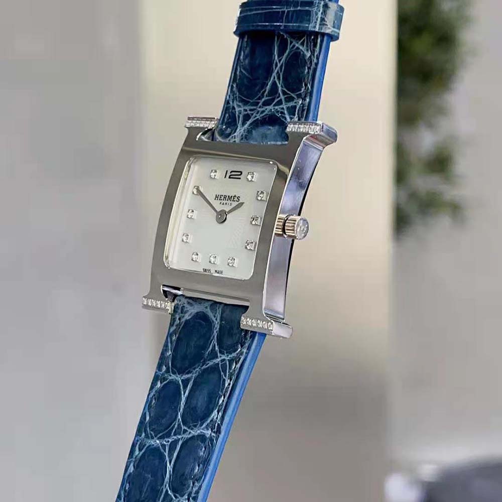 Hermes Women Heure H Watch Small Model Quartz Movement 25 mm in Diamond-set Steel-Navy - image 4