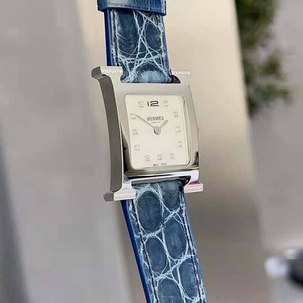 Hermes Women Heure H Watch Small Model Quartz Movement 25 mm in Diamond-set Steel-Navy - image 5