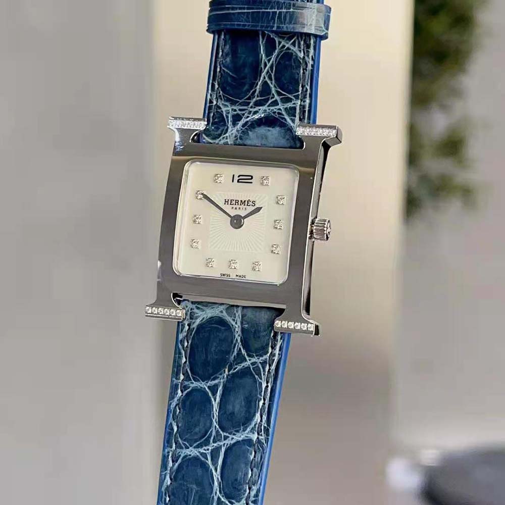 Hermes Women Heure H Watch Small Model Quartz Movement 25 mm in Diamond-set Steel-Navy - image 6