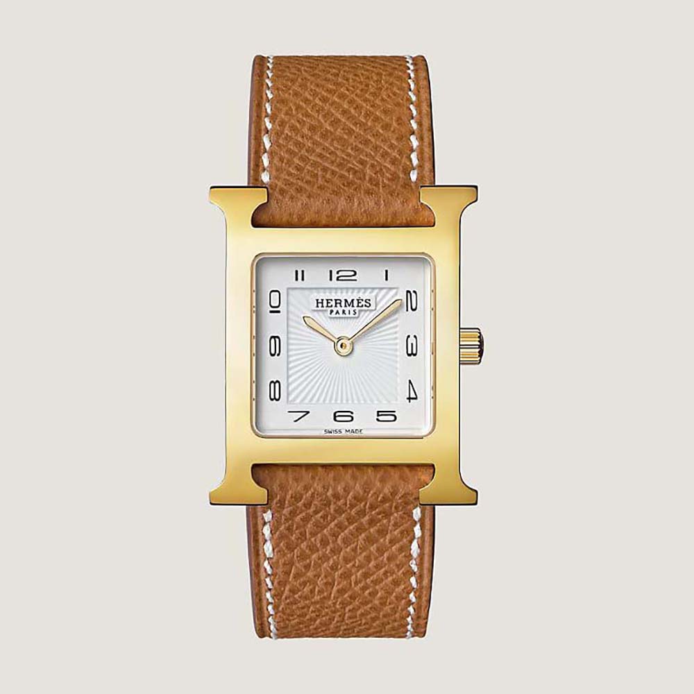 Front view of Hermes Women Heure H Watch Small Model in yellow gold and brown
