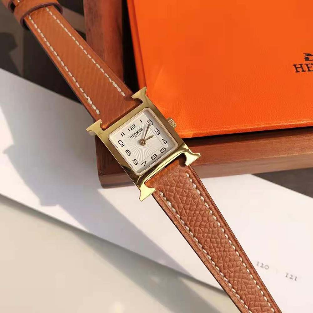 Hermes Women Heure H Watch Small Model Quartz Movement 25 mm in Yellow Gold-Plated Steel-Brown - image 5