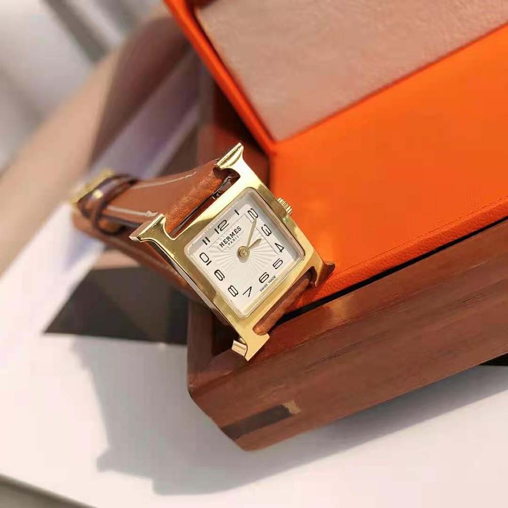 Hermes Women Heure H Watch Small Model Quartz Movement 25 mm in Yellow Gold-Plated Steel-Brown - image 6