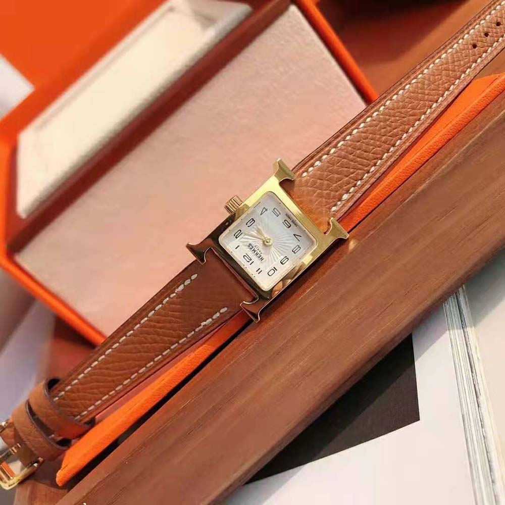 Hermes Women Heure H Watch Small Model Quartz Movement 25 mm in Yellow Gold-Plated Steel-Brown - image 4