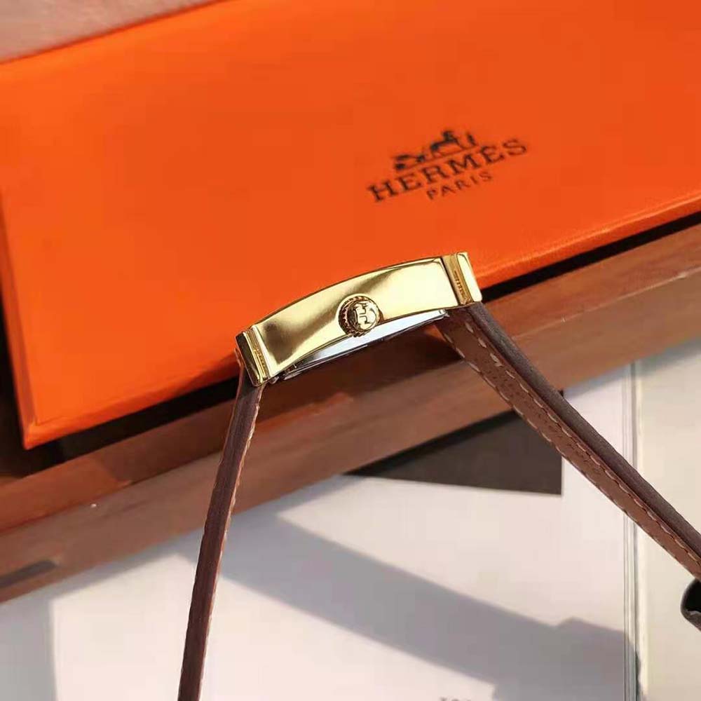 Hermes Women Heure H Watch Small Model Quartz Movement 25 mm in Yellow Gold-Plated Steel-Brown - image 7