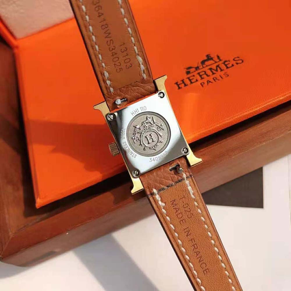 Hermes Women Heure H Watch Small Model Quartz Movement 25 mm in Yellow Gold-Plated Steel-Brown - image 9