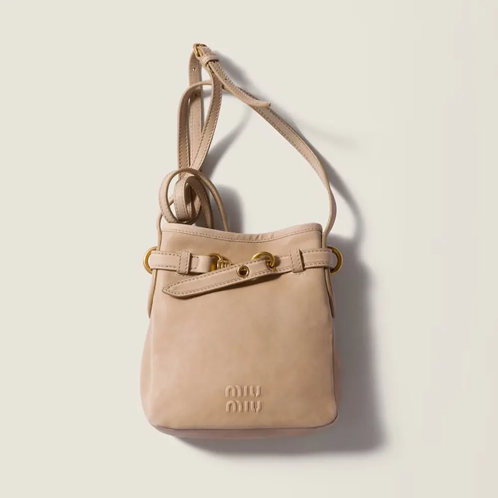 Front view of Miu Miu Women Nappa Leather Pouch-Cord in sandy beige