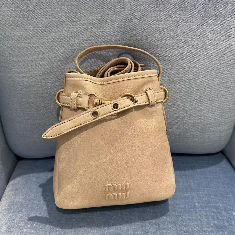 Close-up of silver hardware and cord closure on Miu Miu pouch