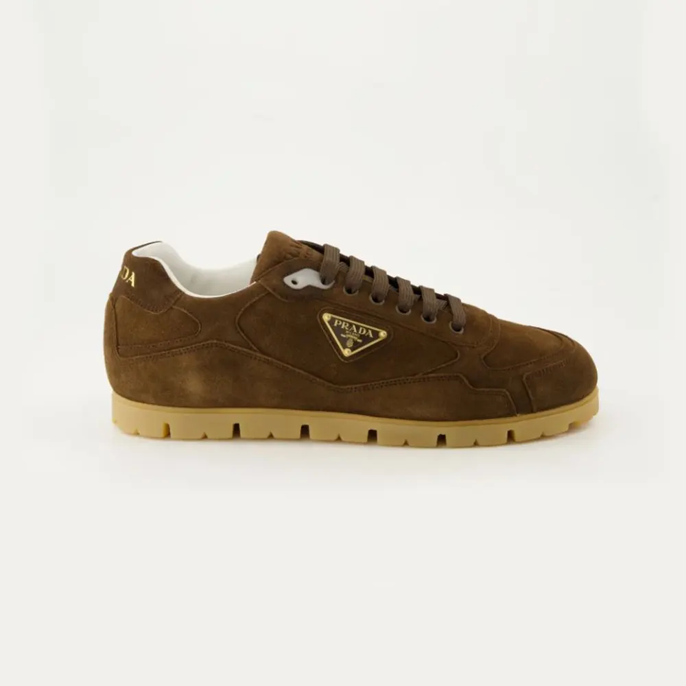 Side angle of Prada Unisex Trail Brown Suede Lace up Logo Low top Sneaker