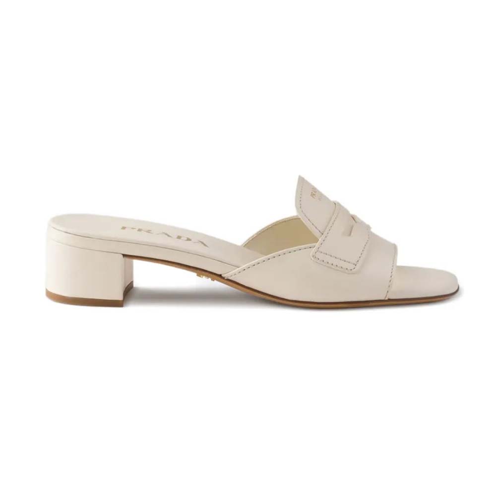 Side view of Prada Women Leather Sandals-Chalk White high heel
