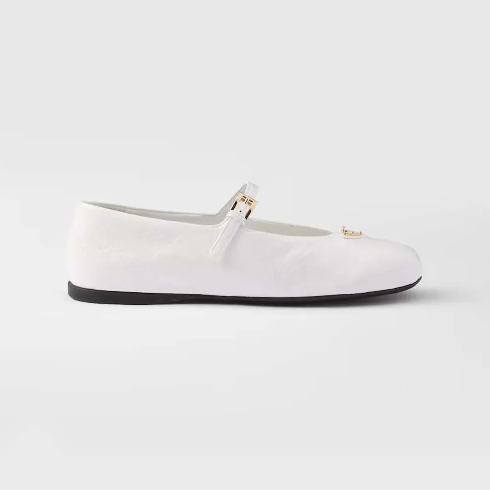 Side view of Prada Women Naplak Patent Leather Ballerinas-White showing sleek silhouette