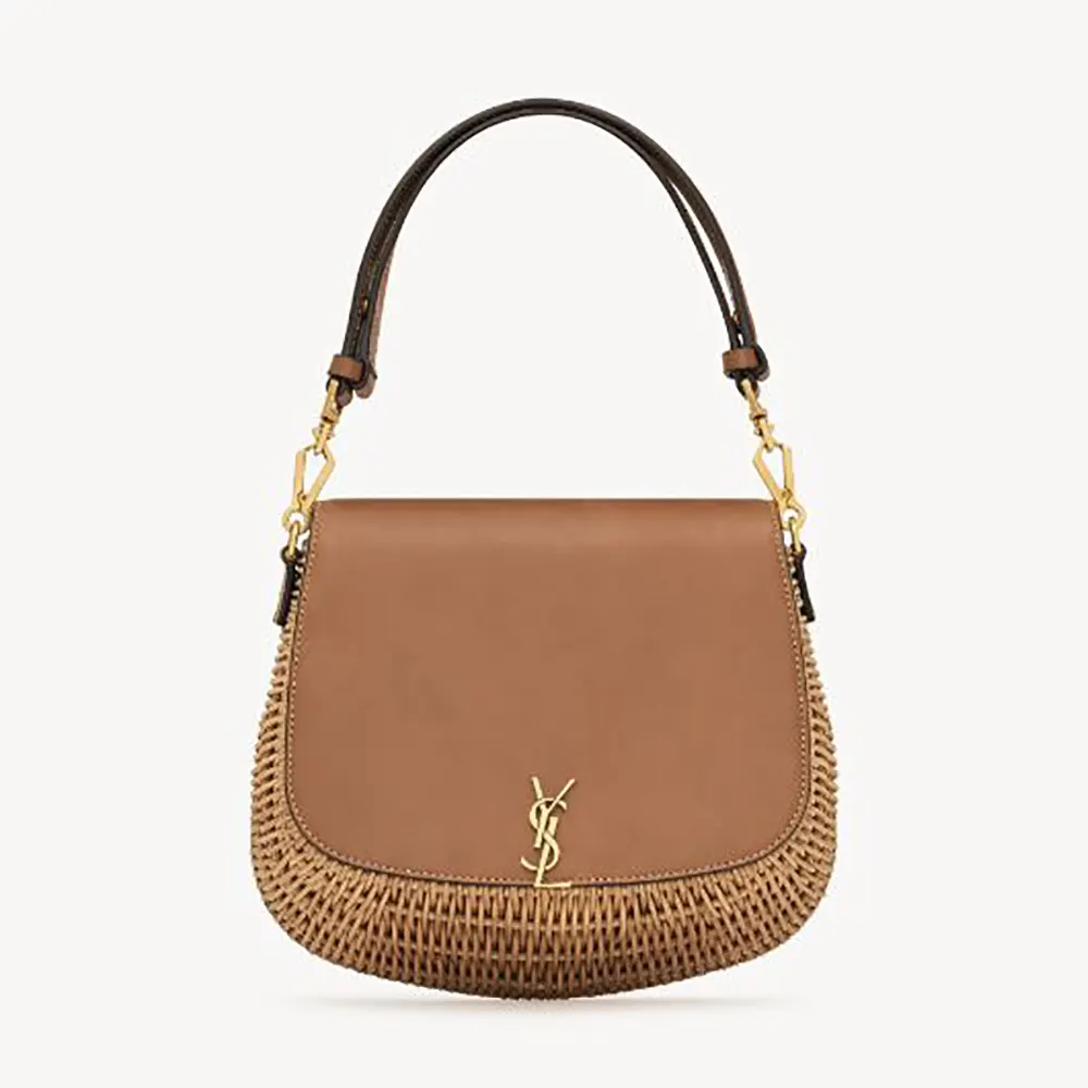 Front view of Saint Laurent YSL Women Mini Voltaire Top Handle Bag in Osier brown leather