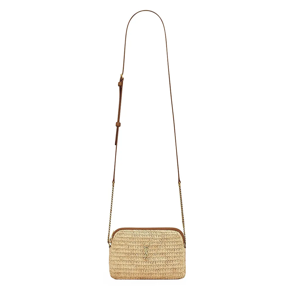 Front view of Saint Laurent YSL Women Gaby Zipped Pouch in natural raffia