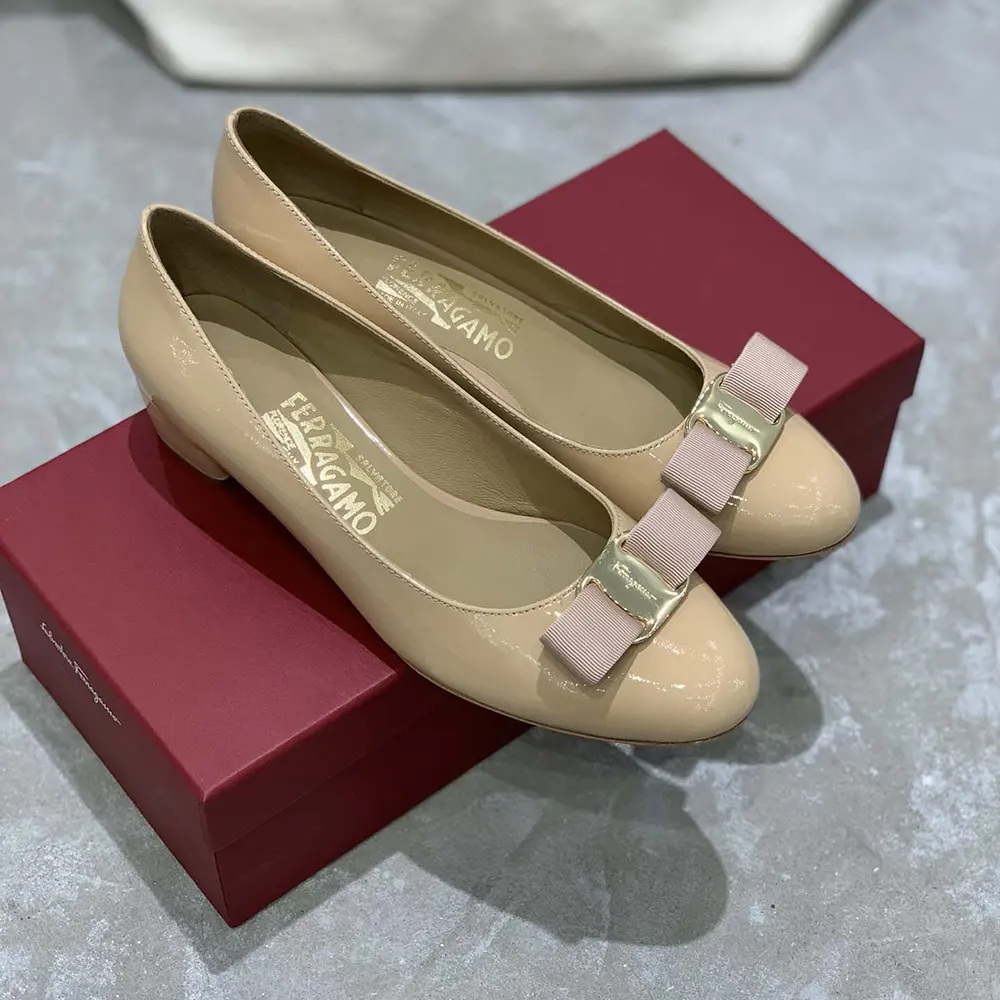 Top angle showing smooth leather and rounded toe of Salvatore Ferragamo Women Vara Pump
