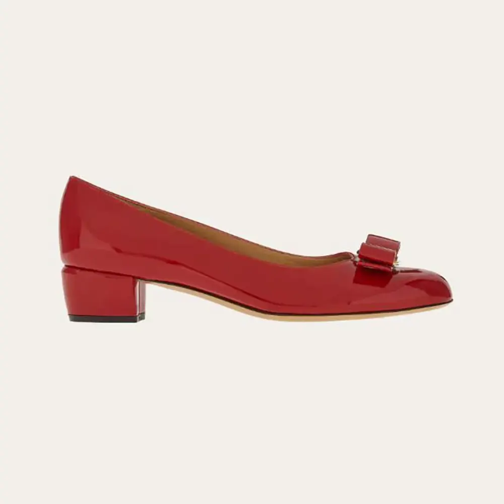 Front angle of Salvatore Ferragamo Women Vara Pump-Red showing bow detail
