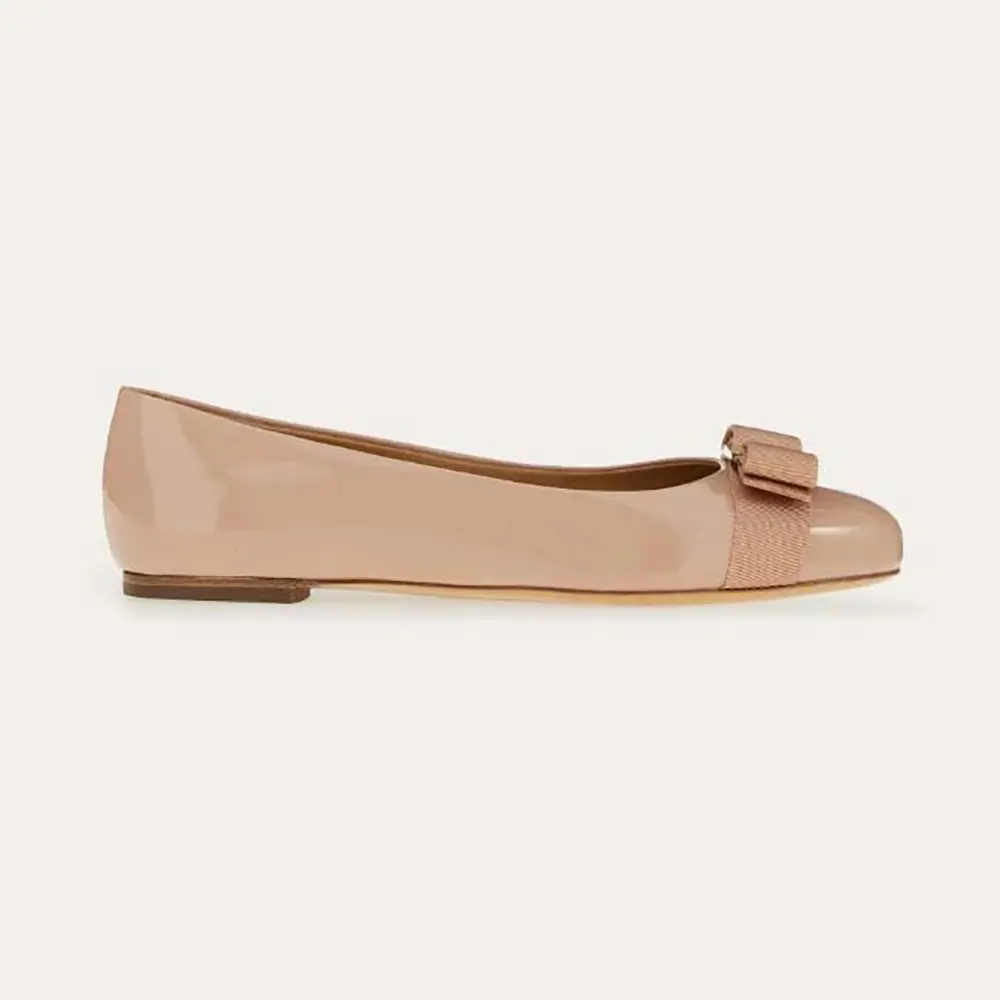 Side view of Salvatore Ferragamo Women Varina Ballet Flat-Sandy showing silhouette