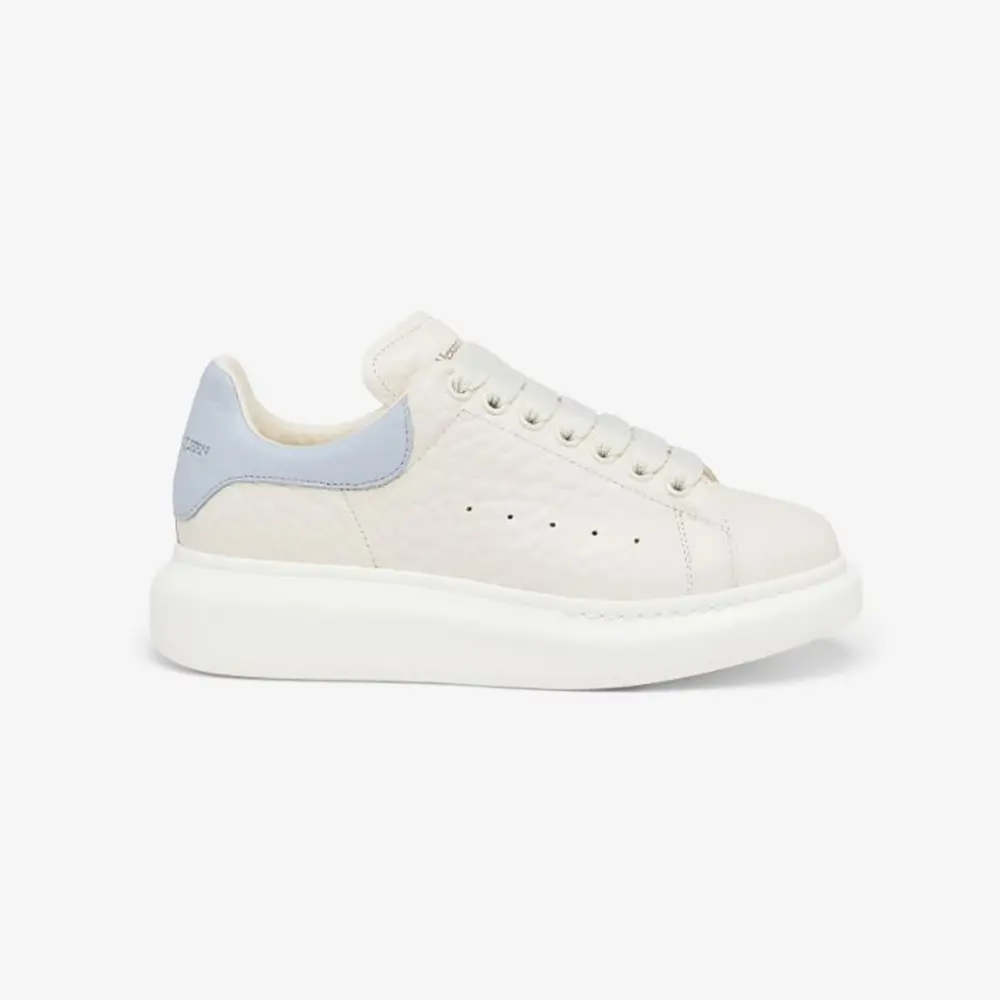 Side view of Alexander Mcqueen Unisex Oversized Sneaker in off white and light blue