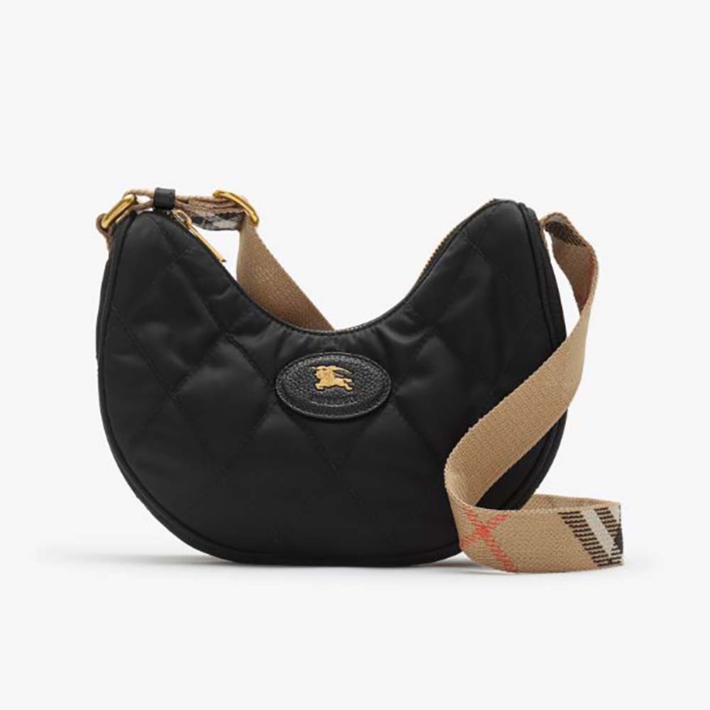 Front view of Burberry Women Horseshoe Crossbody Bag​-Black with gold hardware