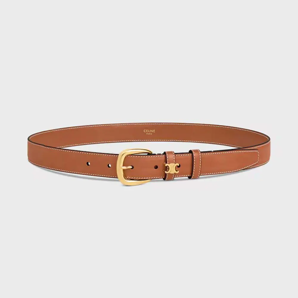 Front view of Celine Women Vivienne Belt 25Mm In Natural Calfskin-Tan with gold buckle