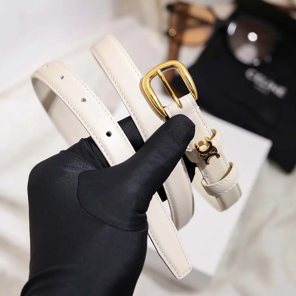 Side angle showing taurillon leather texture on Celine Women Vivienne Belt White