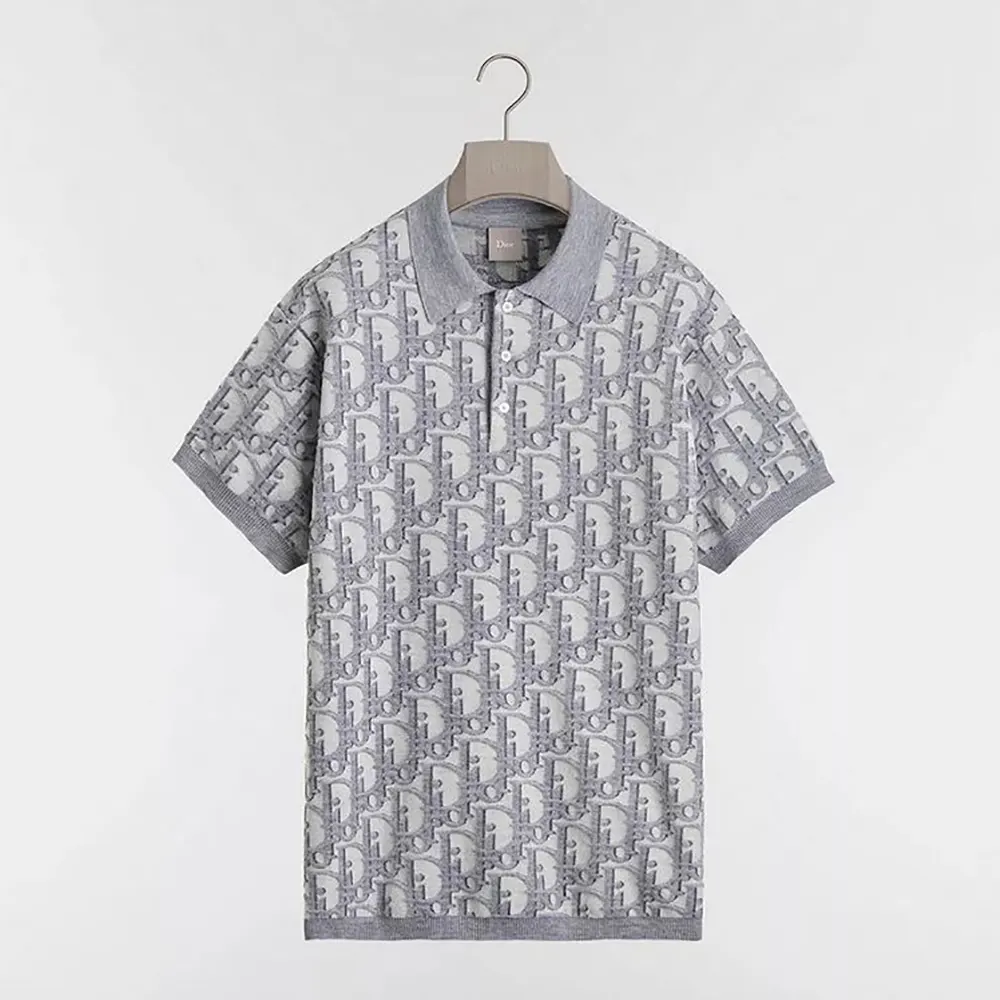 Front view of Dior Men Oblique Polo Shirt Regular Fit Gray cotton-wool-silk jacquard