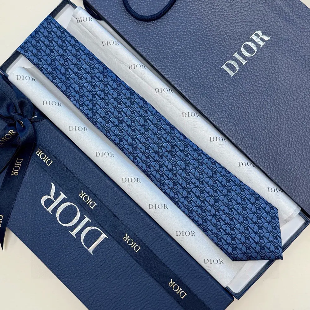 Dior Men Oblique Tie Blue and Black Silk tied in classic knot