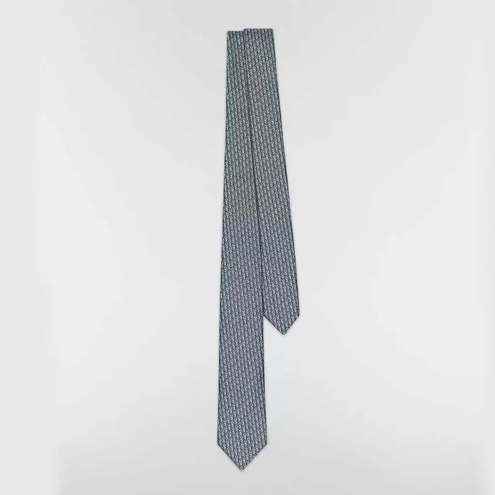 Front view of Dior Men Oblique Tie Gray Silk with signature pattern