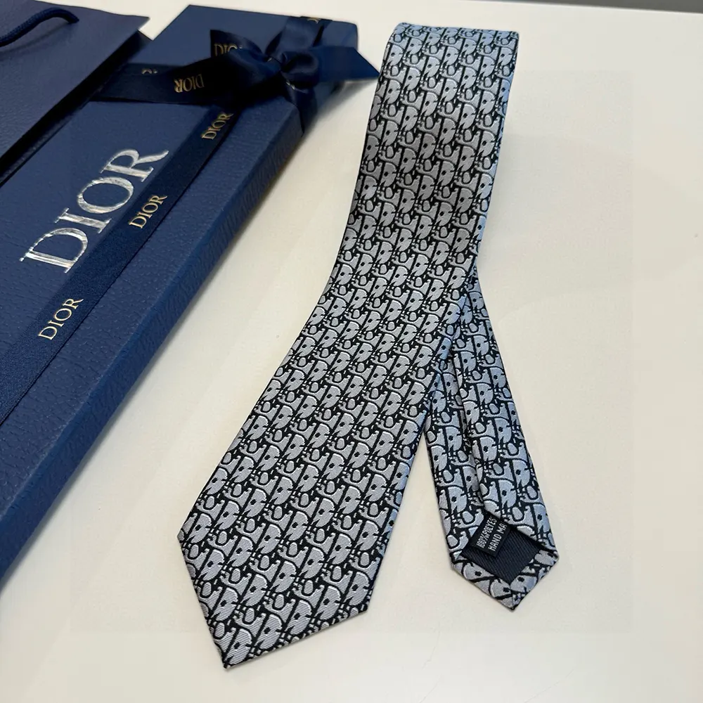 Side angle showing slim silhouette of Dior Men Oblique Tie Gray Silk