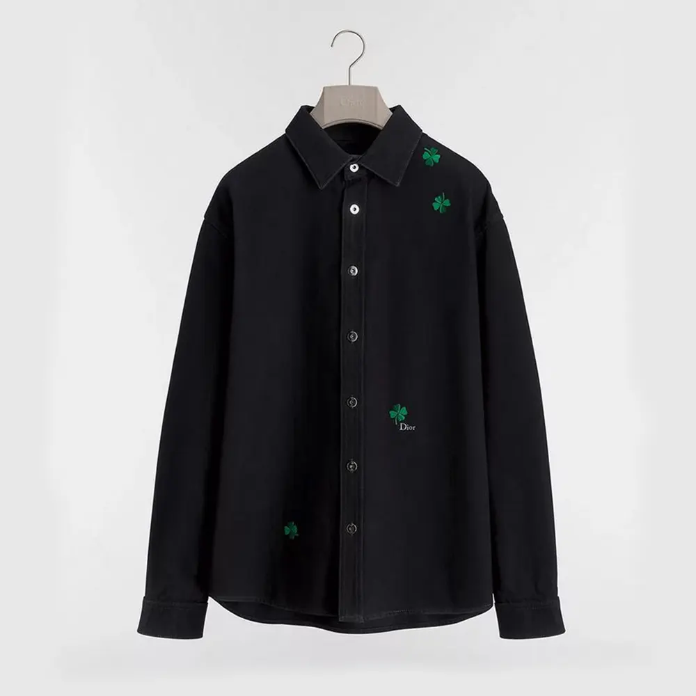 Front view of Dior Men Overshirt with Dior Clover Embroidery black cotton twill