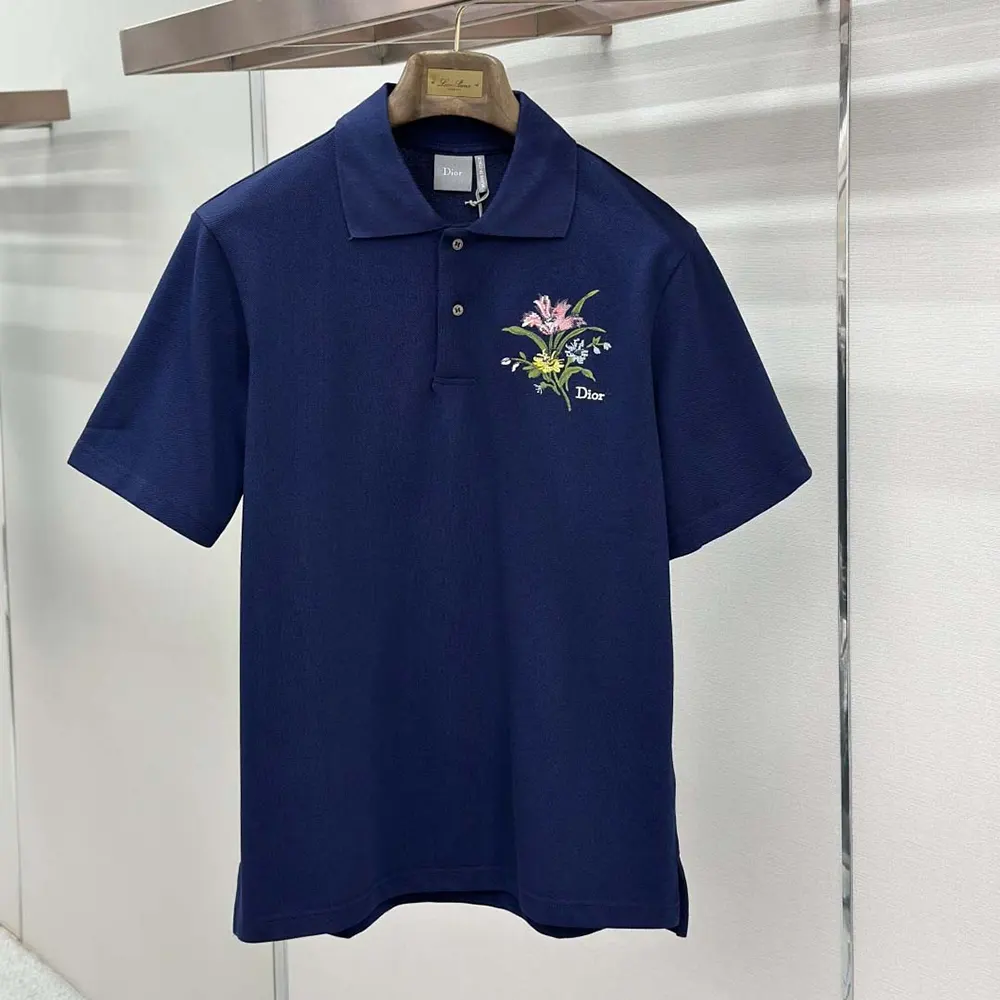 Side angle showing relaxed fit of Dior Men Polo Shirt in blue
