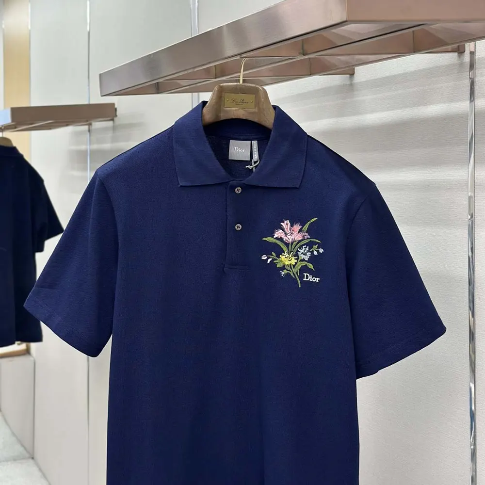 Dior Men Polo Shirt with Dior Secret Garden Embroidery Relaxed Fit Blue Cotton Piqué - image 6