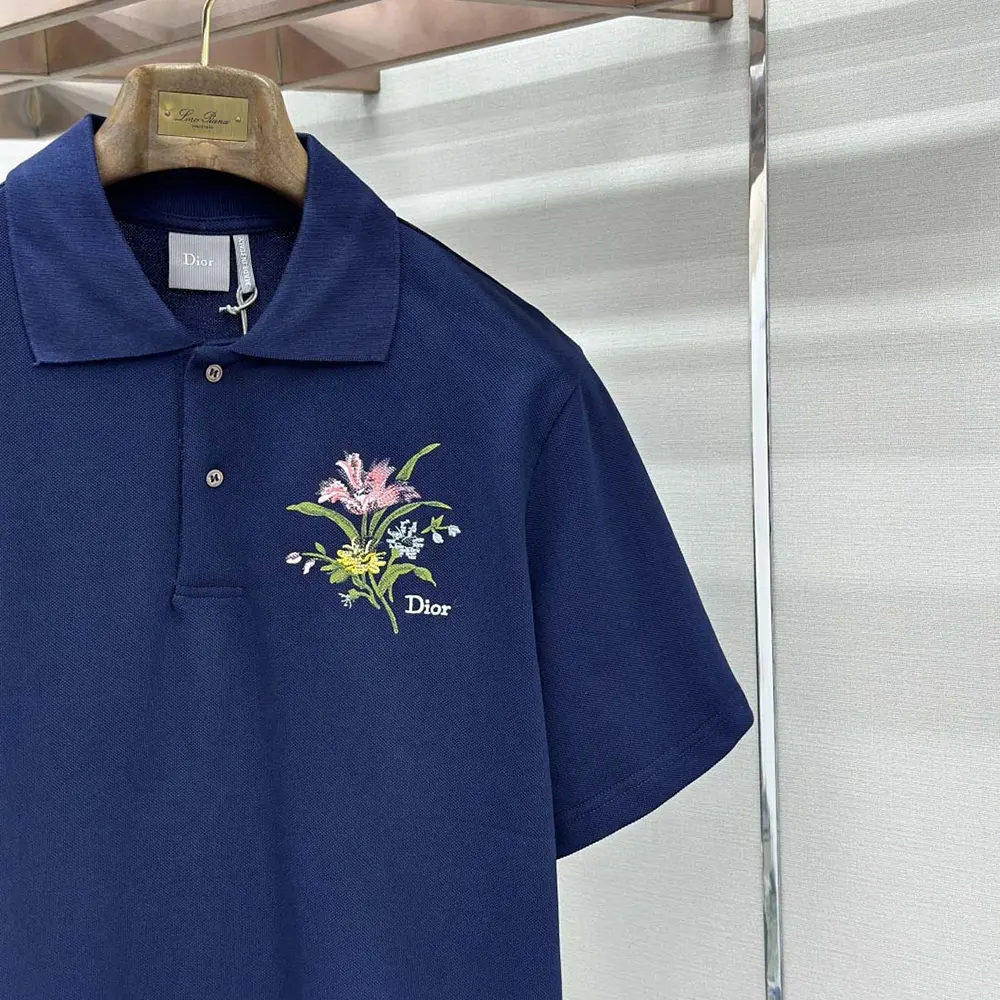 Dior Men Polo Shirt with Dior Secret Garden Embroidery Relaxed Fit Blue Cotton Piqué - image 7