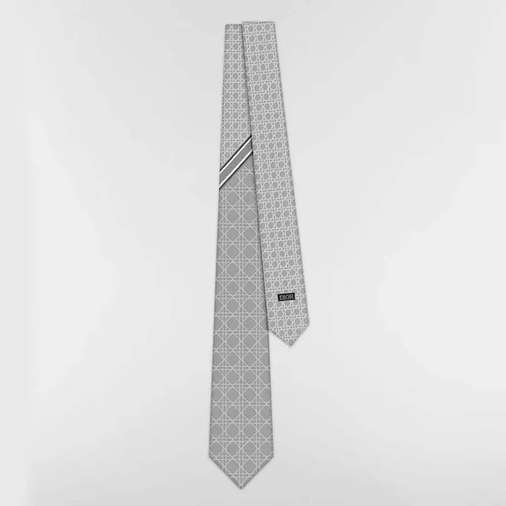 Front view of Dior Men Striped Cannage Tie Gray White and Deep Gray Silk