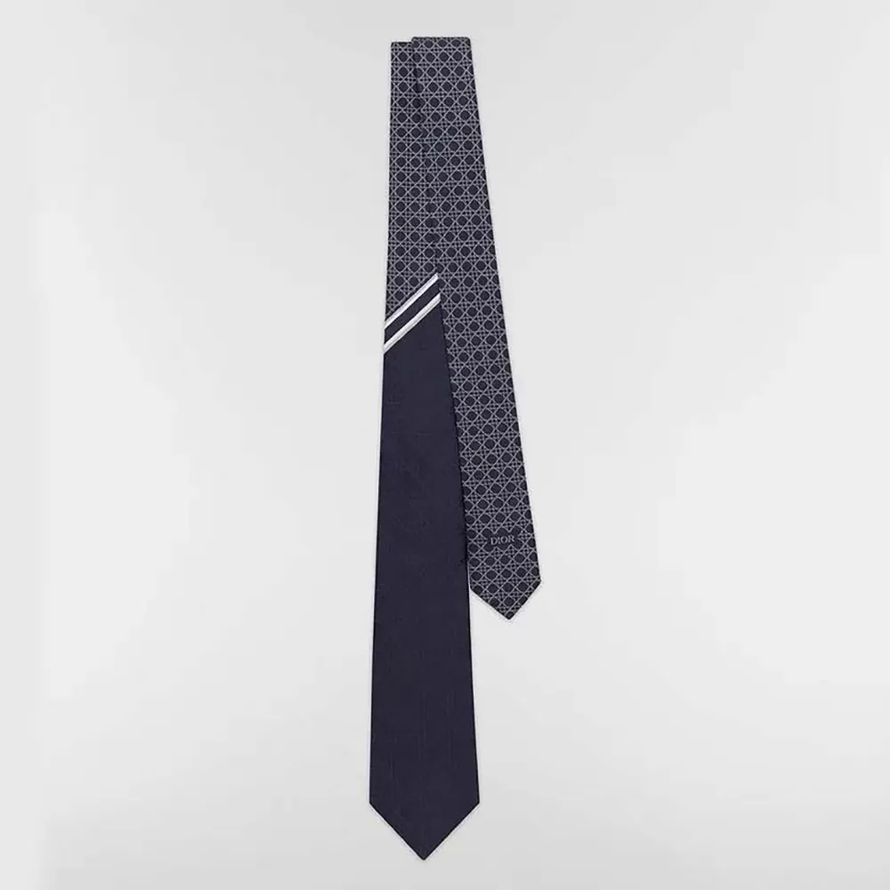Front view of Dior Men Striped Cannage Tie Navy Blue Gray and White Silk