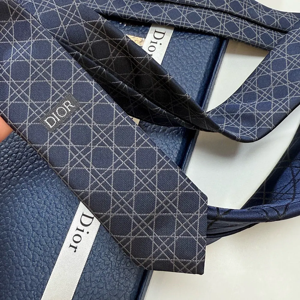 Dior Men Striped Cannage Tie Navy Blue Gray and White Silk - image 7