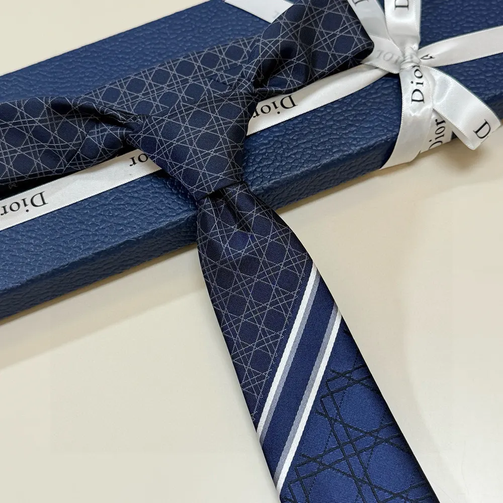 Dior Men Striped Cannage Tie Navy Blue Gray and White Silk - image 6