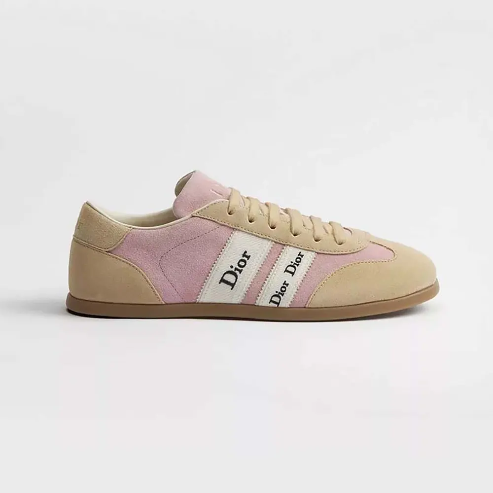 Side profile of Dior Unisex Ribbon Sneaker Pink and Beige Suede Calfskin