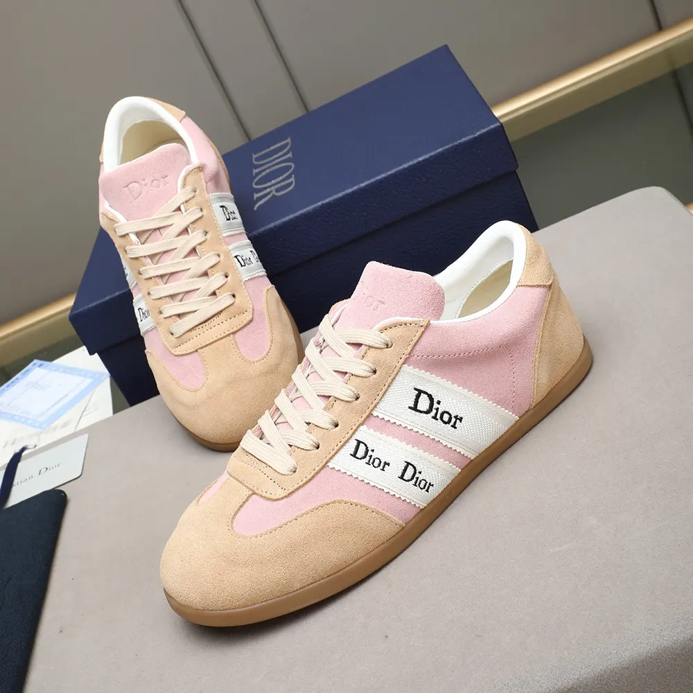 Overhead view showing pink suede and beige calfskin details