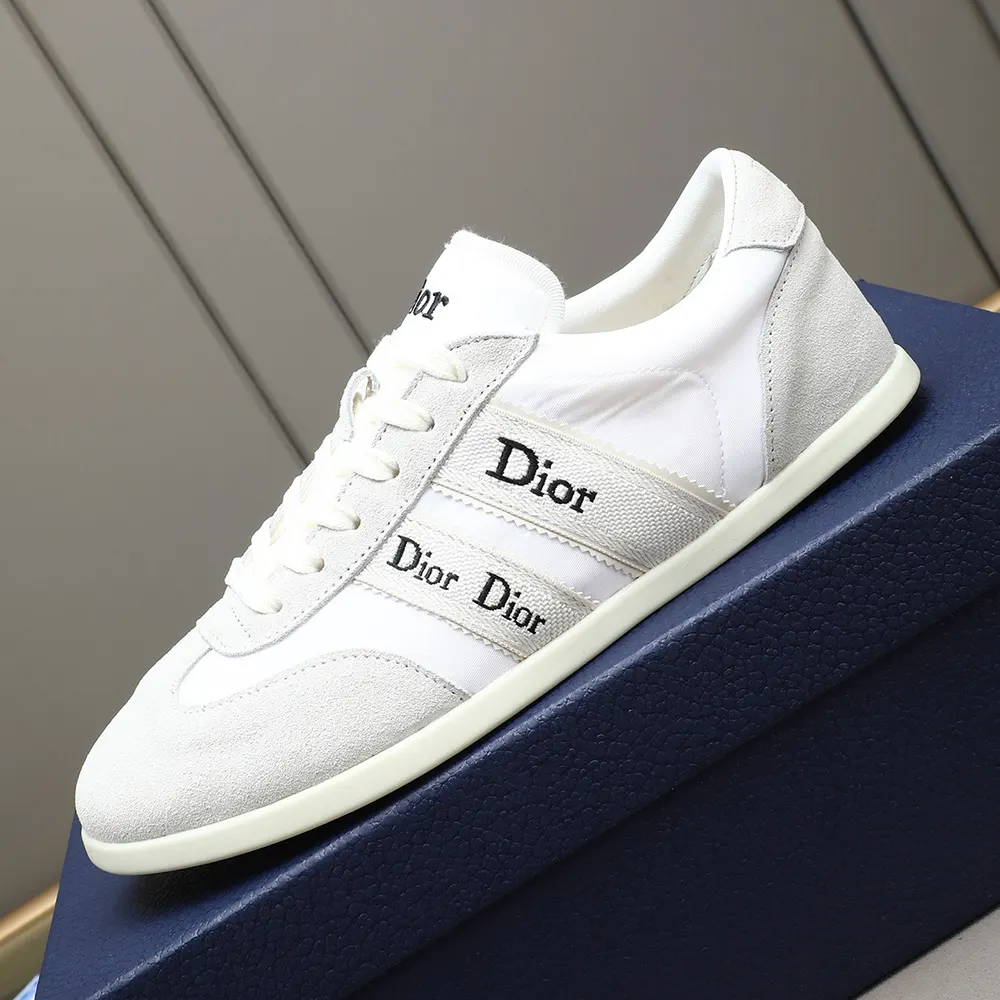 Overhead view showing sole and materials of Dior Ribbon Sneaker in white