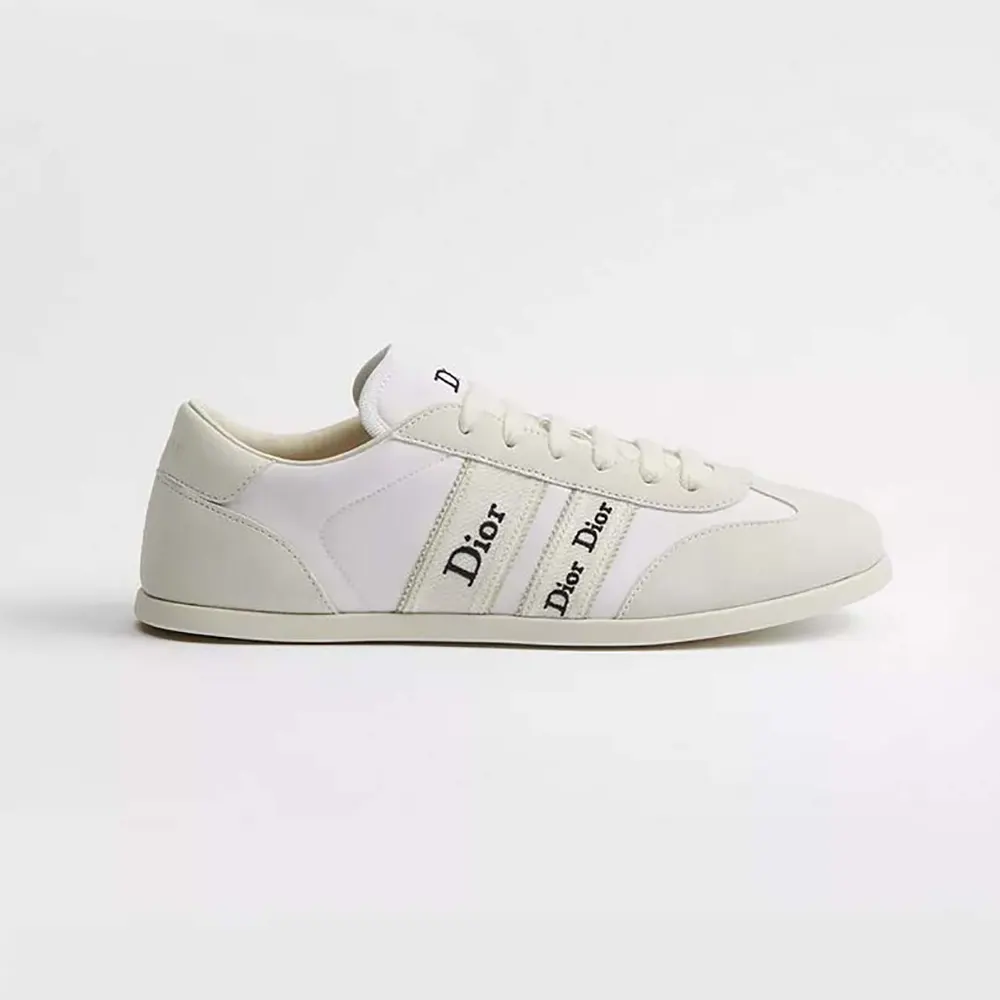 Side profile of Dior Unisex Ribbon Sneaker White Suede Calfskin and Technical Fabric