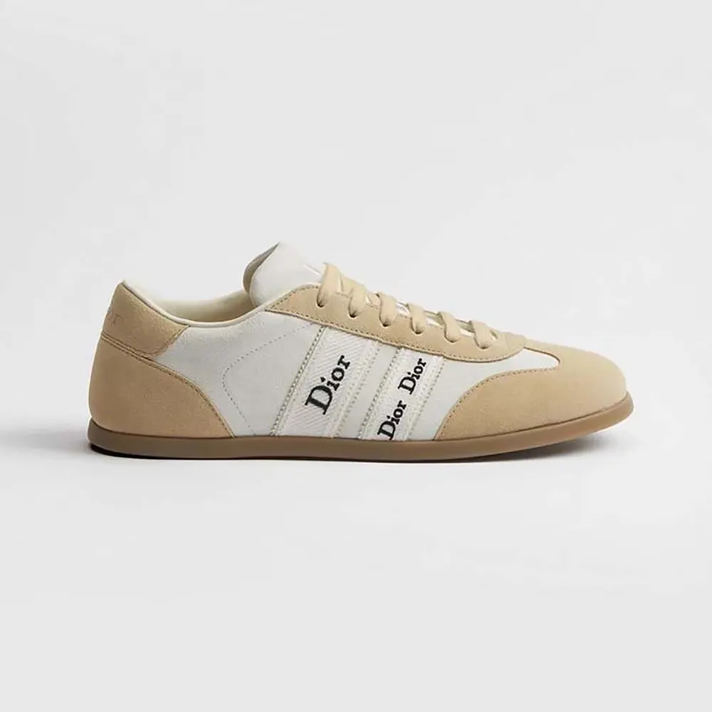 Side profile of Dior Unisex Ribbon Sneaker White and Beige Suede Calfskin